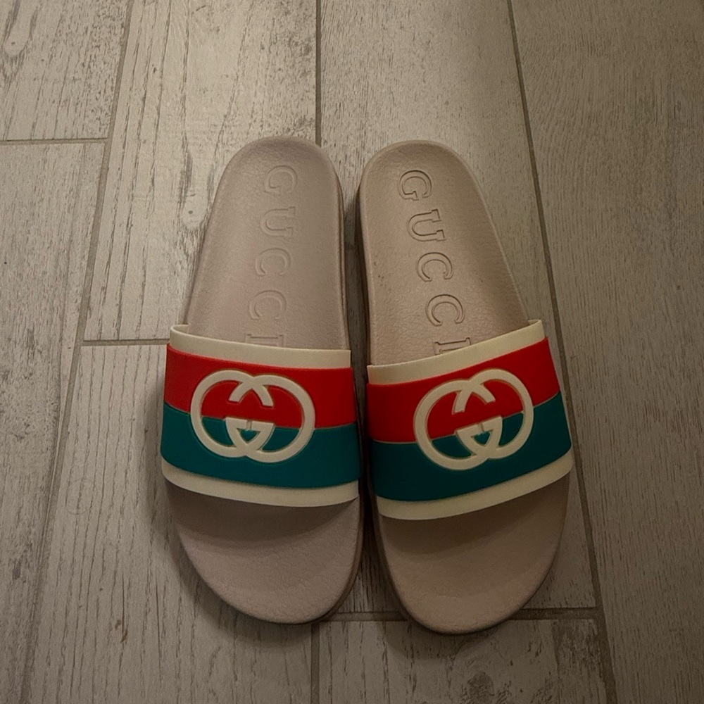 Gucci Cream Slides with Red and Green Bands